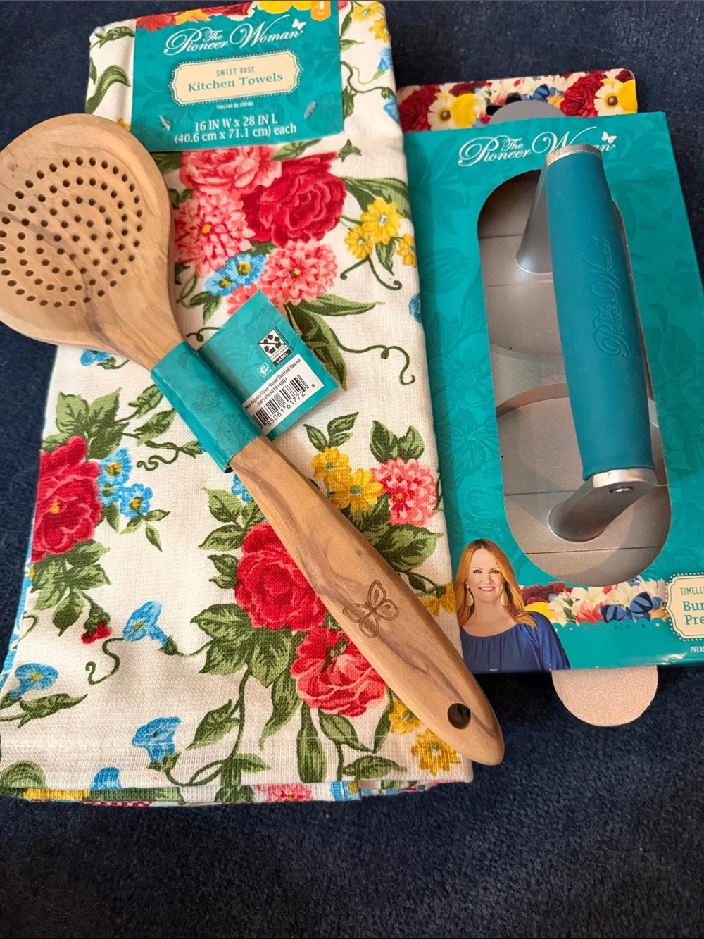 The Pioneer Woman Kitchen Towels,Slotted Spoon,& Burger Press